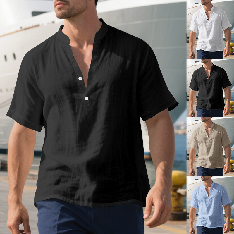 Clothes > Men's Clothing > Tops > T-Shirts Men’s Casual Loose-Fit Shirt: Men’s Stand-Up Collar, Button-Up, Linen, Short-Sleeved, Plain Colour, Mature Casual Style