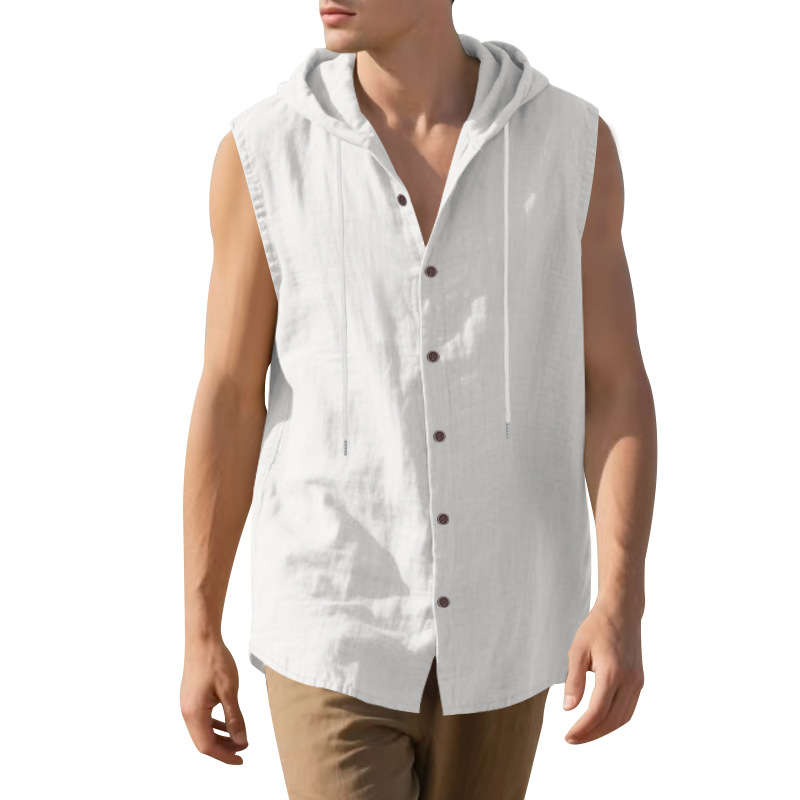 Clothes > Men's Clothing > Tops > T-Shirts  Men’s Summer Casual Sleeveless Vest Shirt: Linen, Hooded, Plain, Breathable, Loose-Fitting Top