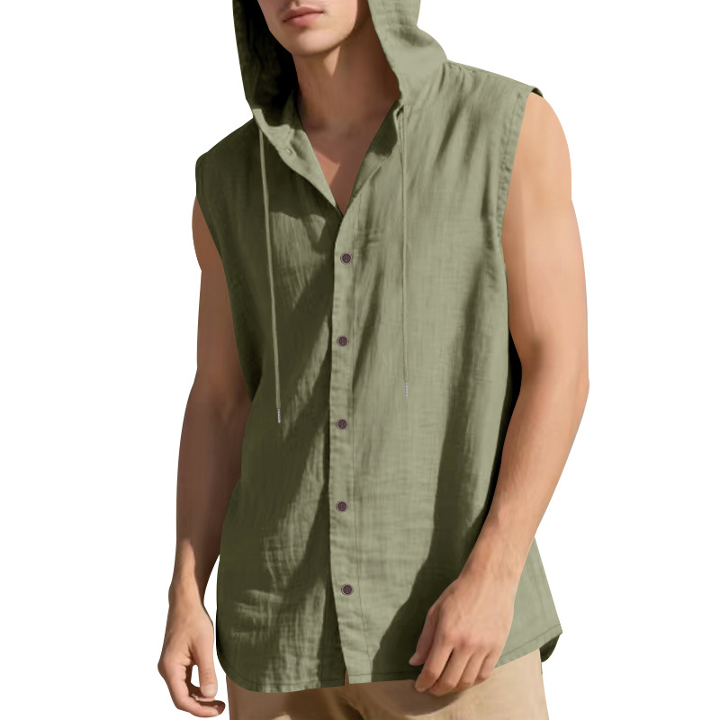 Clothes > Men's Clothing > Tops > T-Shirts  Men’s Summer Casual Sleeveless Vest Shirt: Linen, Hooded, Plain, Breathable, Loose-Fitting Top