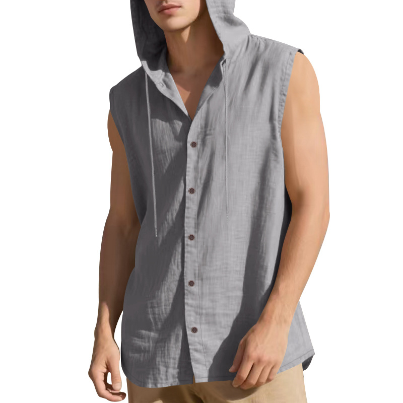 Clothes > Men's Clothing > Tops > T-Shirts  Men’s Summer Casual Sleeveless Vest Shirt: Linen, Hooded, Plain, Breathable, Loose-Fitting Top