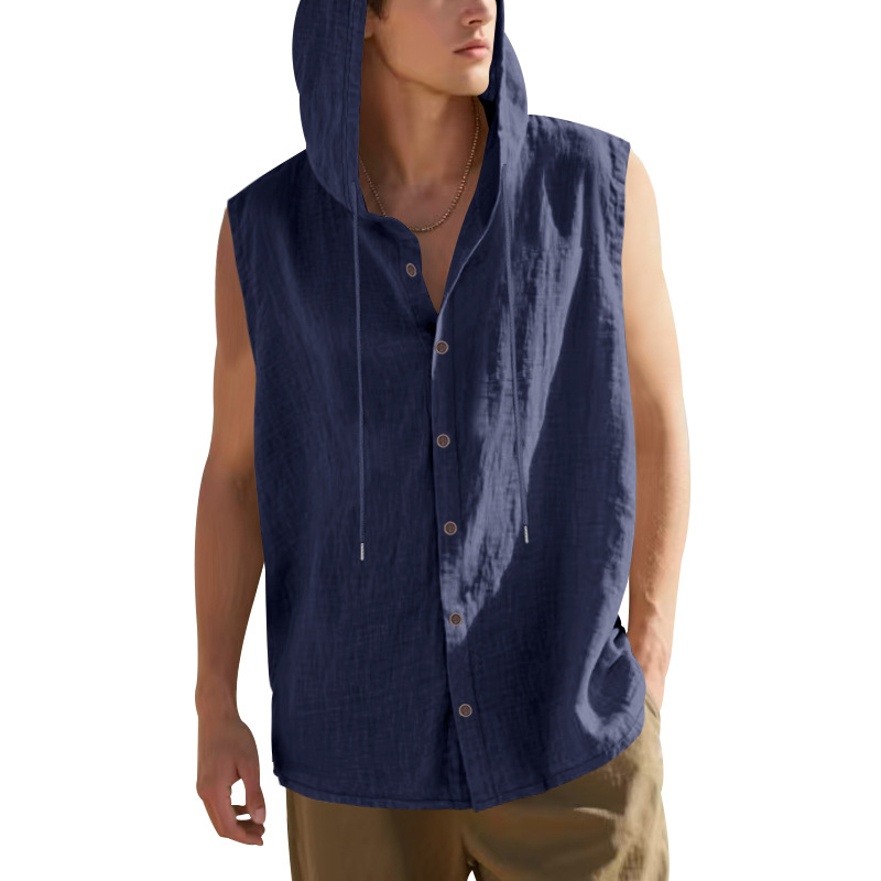 Clothes > Men's Clothing > Tops > T-Shirts  Men’s Summer Casual Sleeveless Vest Shirt: Linen, Hooded, Plain, Breathable, Loose-Fitting Top