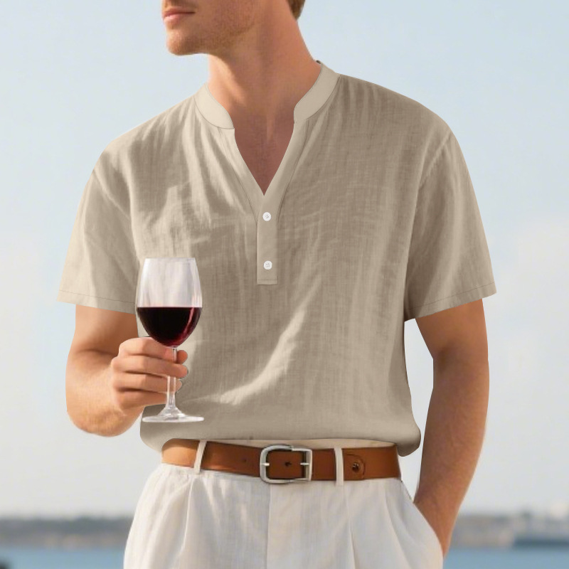 Clothes > Men's Clothing > Tops > T-Shirts Men’s Casual Loose-Fit Shirt: Men’s Stand-Up Collar, Button-Up, Linen, Short-Sleeved, Plain Colour, Mature Casual Style