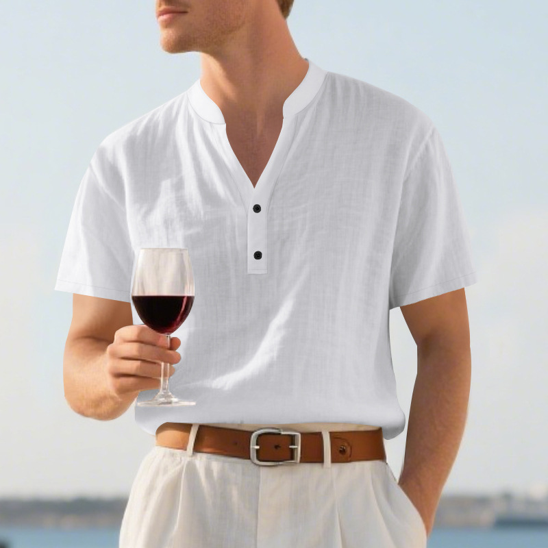 Clothes > Men's Clothing > Tops > T-Shirts Men’s Casual Loose-Fit Shirt: Men’s Stand-Up Collar, Button-Up, Linen, Short-Sleeved, Plain Colour, Mature Casual Style