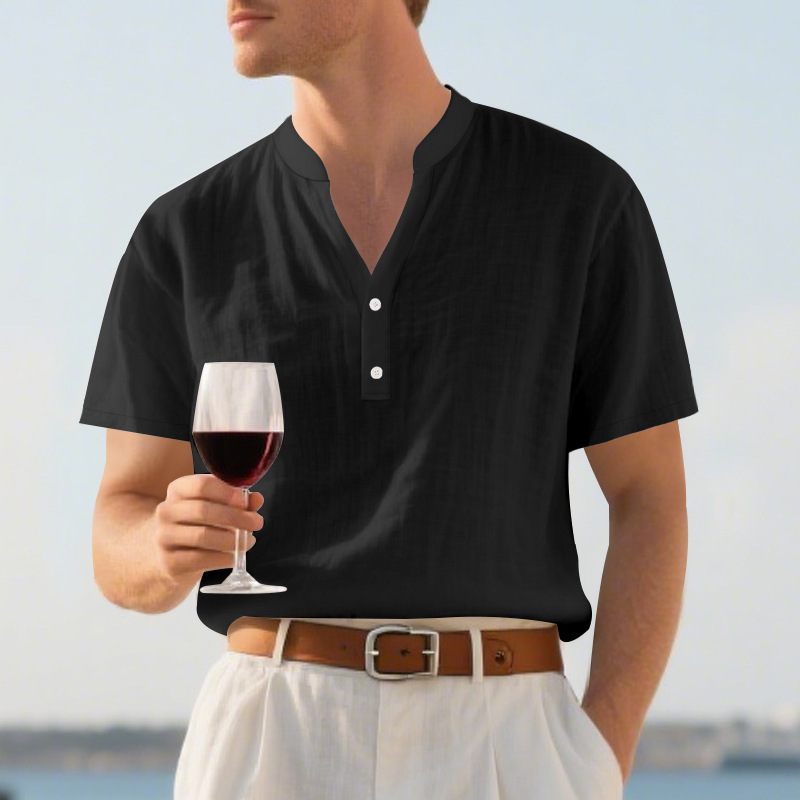 Clothes > Men's Clothing > Tops > T-Shirts Men’s Casual Loose-Fit Shirt: Men’s Stand-Up Collar, Button-Up, Linen, Short-Sleeved, Plain Colour, Mature Casual Style