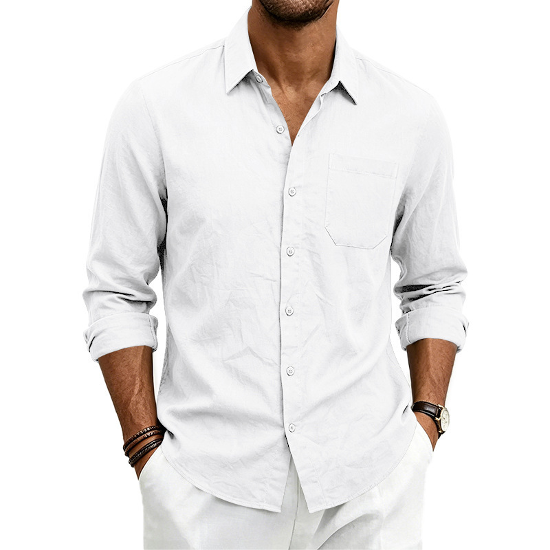 Clothes > Men's Clothing > Tops > Shirts  Loose-fitting linen shirt with a turned-down collar for men