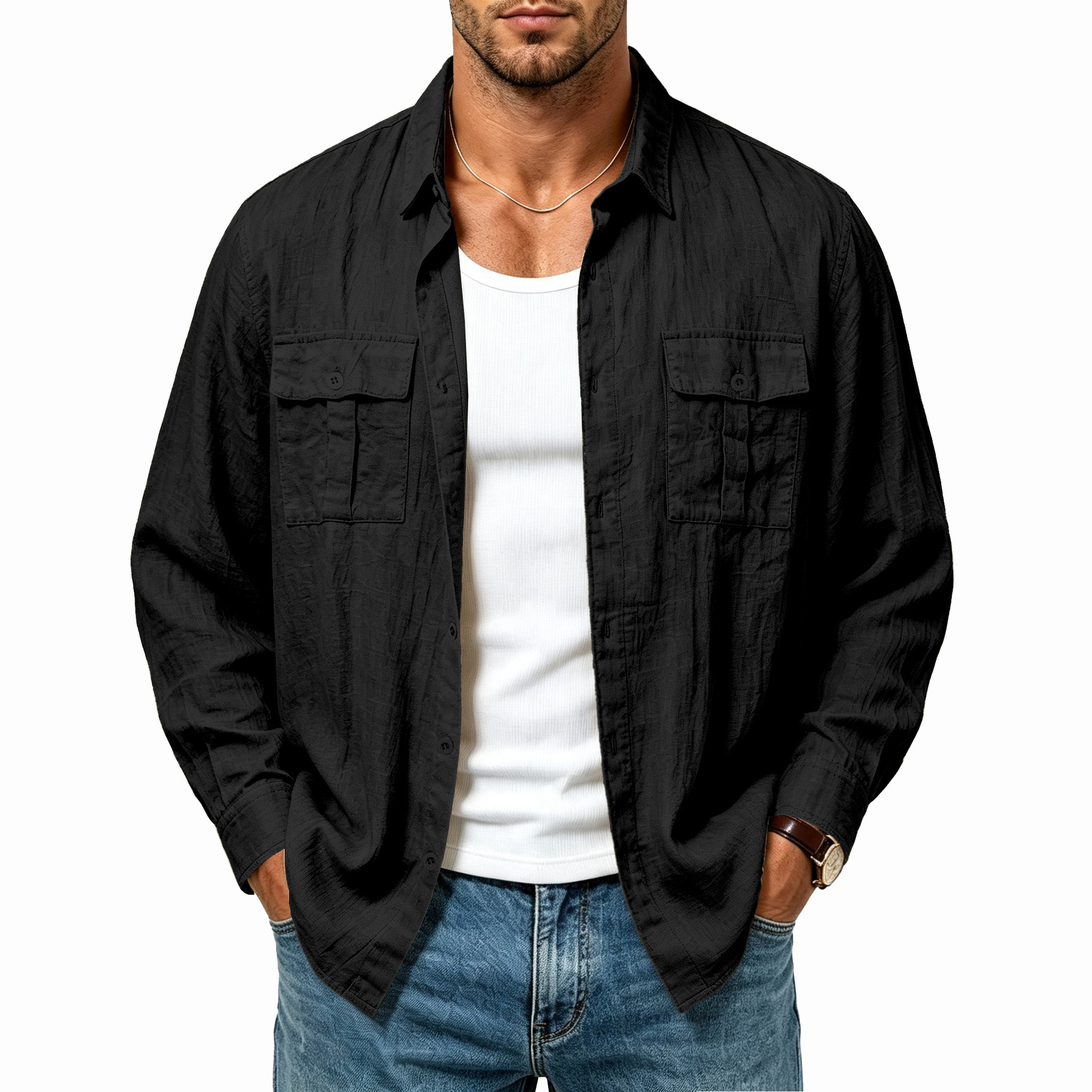 Clothes > Men's Clothing > Tops > Shirts Men’s Linen Jacket with Multiple Pockets, Fashionable Loose-Fit Resort Shirt with a Turn-Down Collar and Long Sleeves