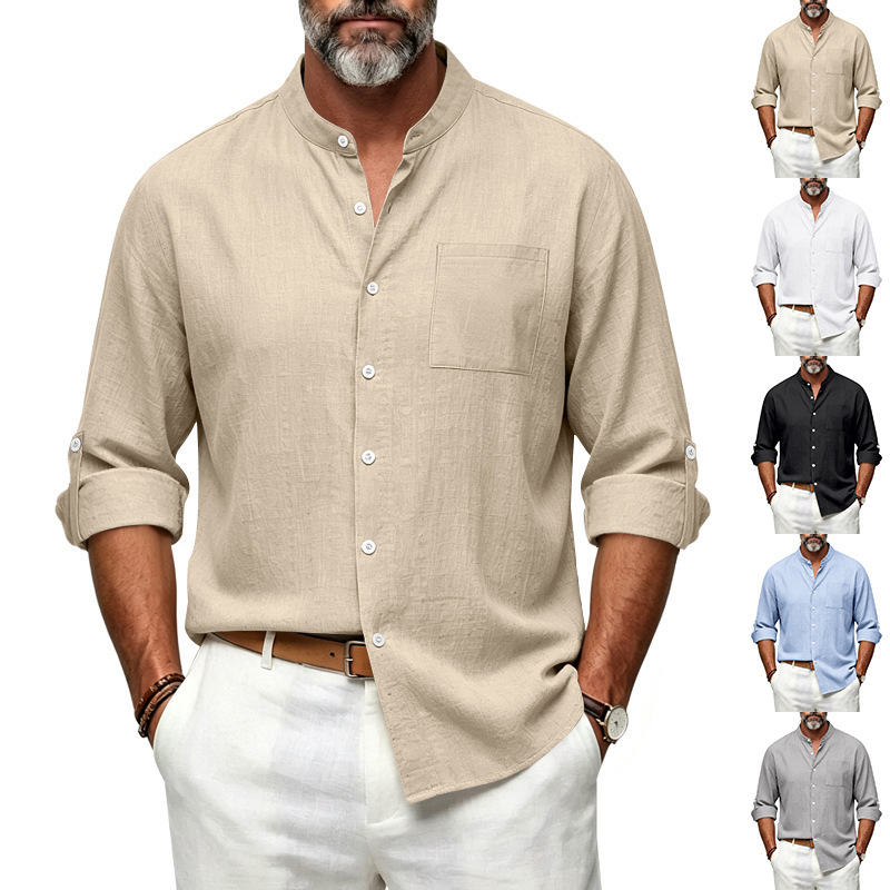 Clothes > Men's Clothing > Tops > Shirts  New Men’s Loose-Fit Autumn Linen Shirt with a Stand-up Collar and Long Sleeves — Stylish and Versatile