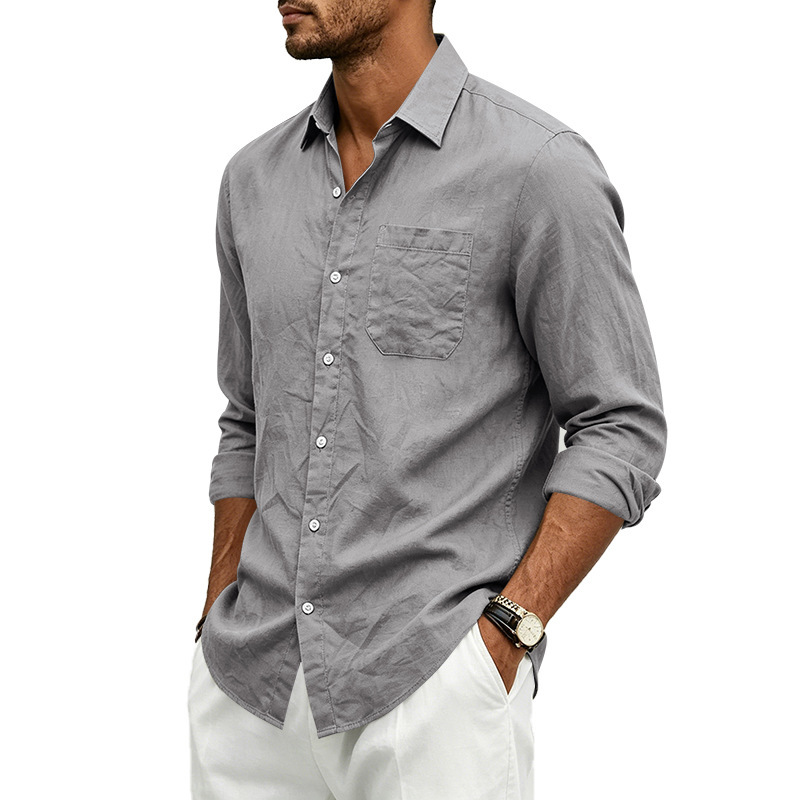 Clothes > Men's Clothing > Tops > Shirts  Loose-fitting linen shirt with a turned-down collar for men