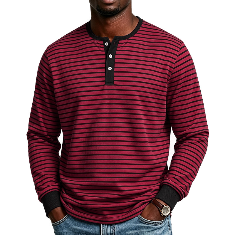 Clothes > Men's Clothing > Tops > Shirts  Men’s Sports and Casual Long-Sleeved T-Shirt with a Henley Neckline in a Retro Style, Featuring a Simple Striped Print, for Spring and Autumn