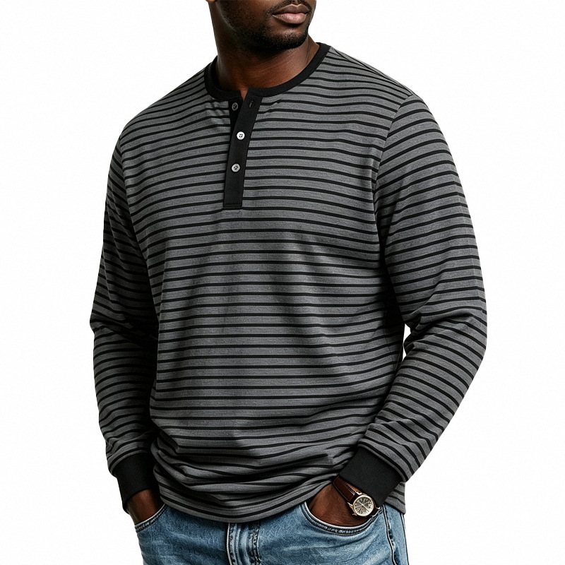 Clothes > Men's Clothing > Tops > Shirts  Men’s Sports and Casual Long-Sleeved T-Shirt with a Henley Neckline in a Retro Style, Featuring a Simple Striped Print, for Spring and Autumn