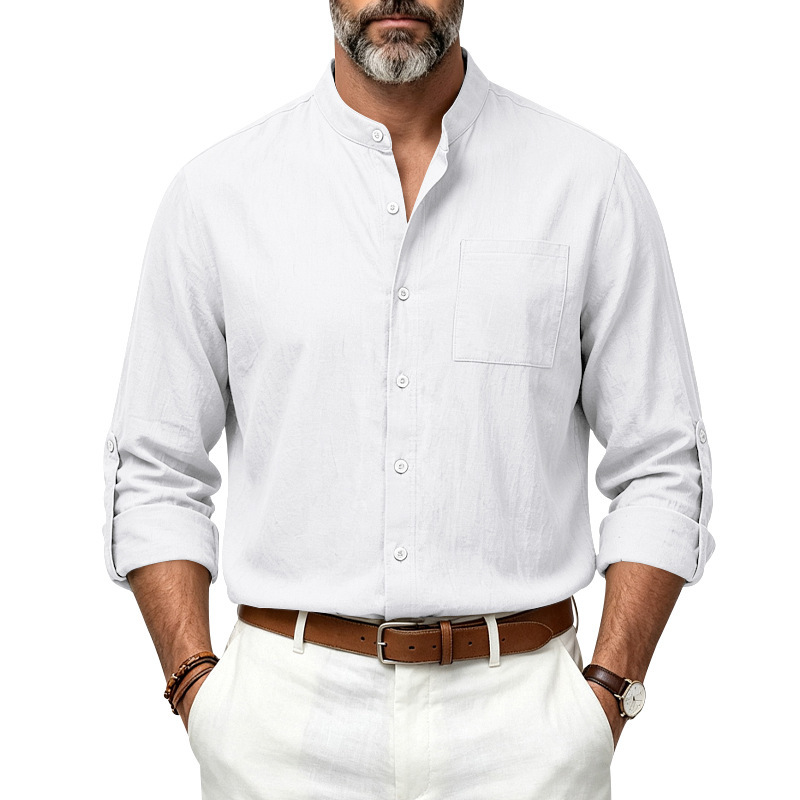 Clothes > Men's Clothing > Tops > Shirts  New Men’s Loose-Fit Autumn Linen Shirt with a Stand-up Collar and Long Sleeves — Stylish and Versatile