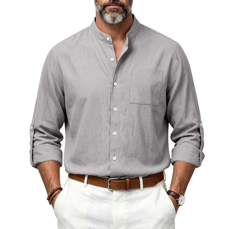 Clothes > Men's Clothing > Tops > Shirts  New Men’s Loose-Fit Autumn Linen Shirt with a Stand-up Collar and Long Sleeves — Stylish and Versatile