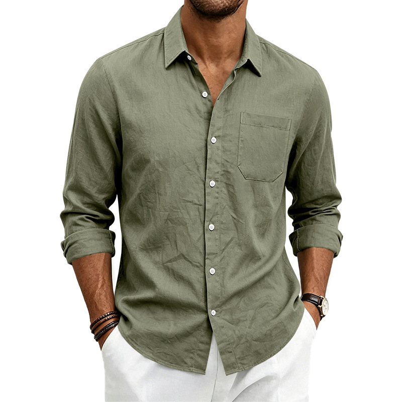 Clothes > Men's Clothing > Tops > Shirts  Loose-fitting linen shirt with a turned-down collar for men