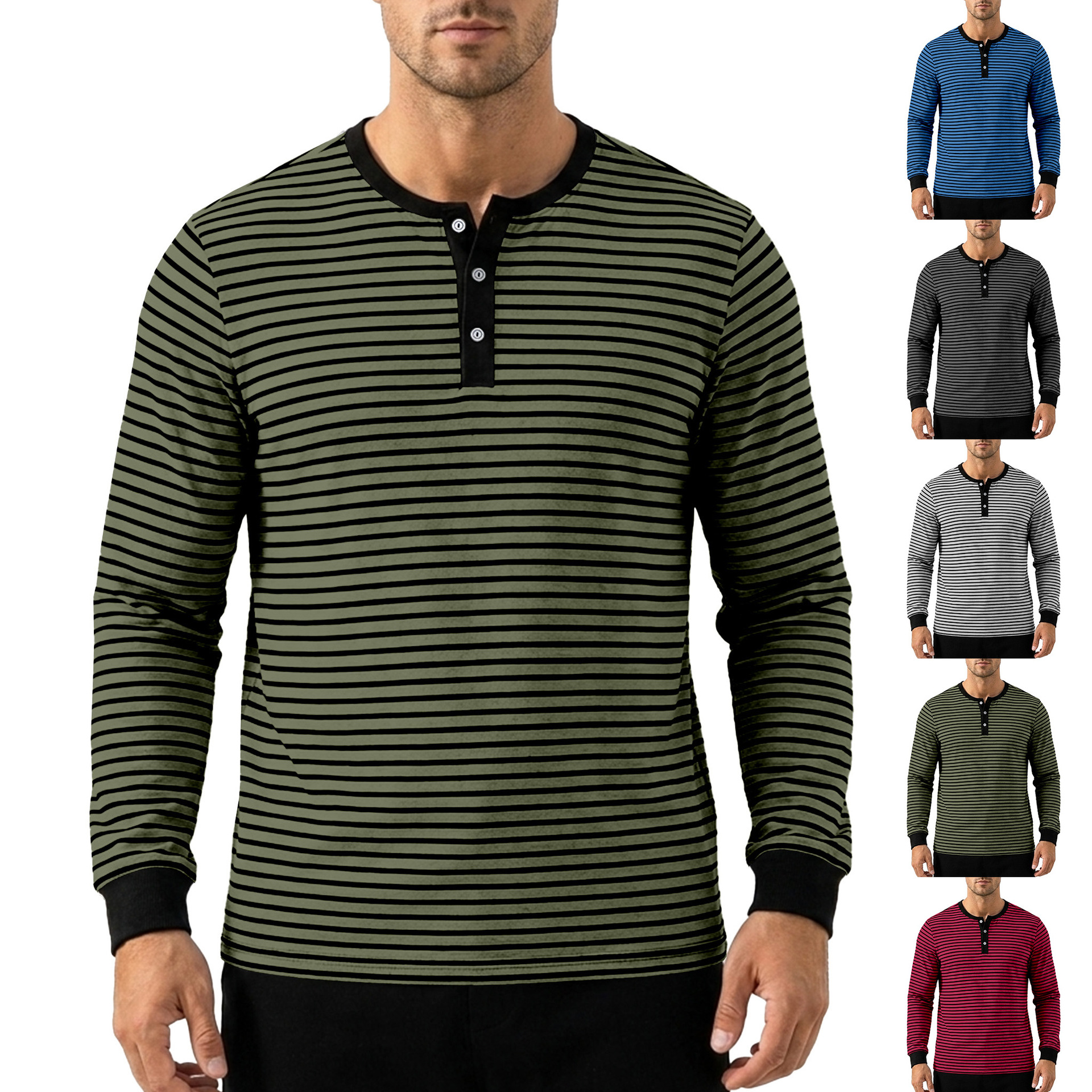 Clothes > Men's Clothing > Tops > Shirts  Men’s Long-Sleeved ‘Henry’-Style Striped T-Shirt, Retro Style, Minimalist Design, for Spring and Autumn