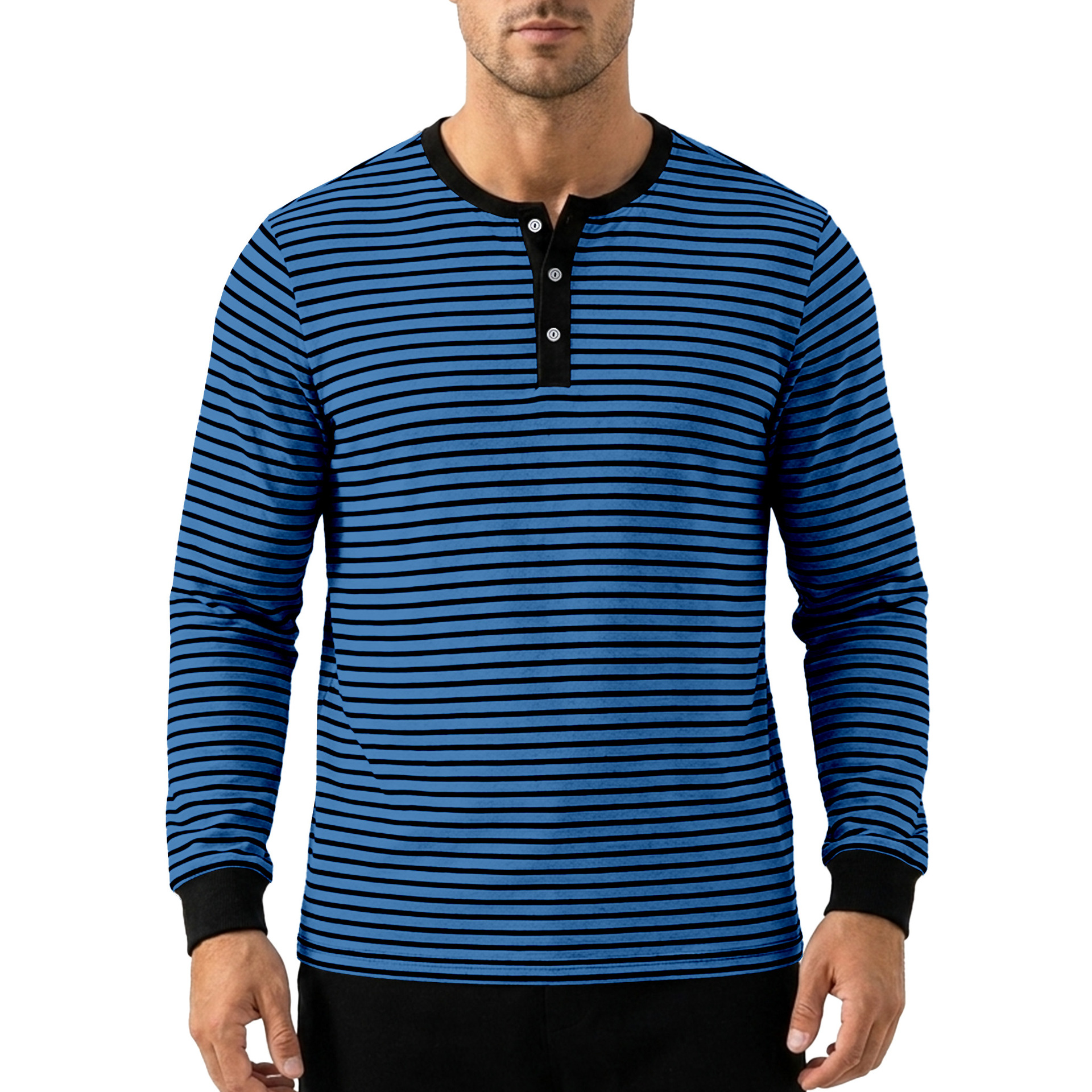 Clothes > Men's Clothing > Tops > Shirts  Men’s Long-Sleeved ‘Henry’-Style Striped T-Shirt, Retro Style, Minimalist Design, for Spring and Autumn