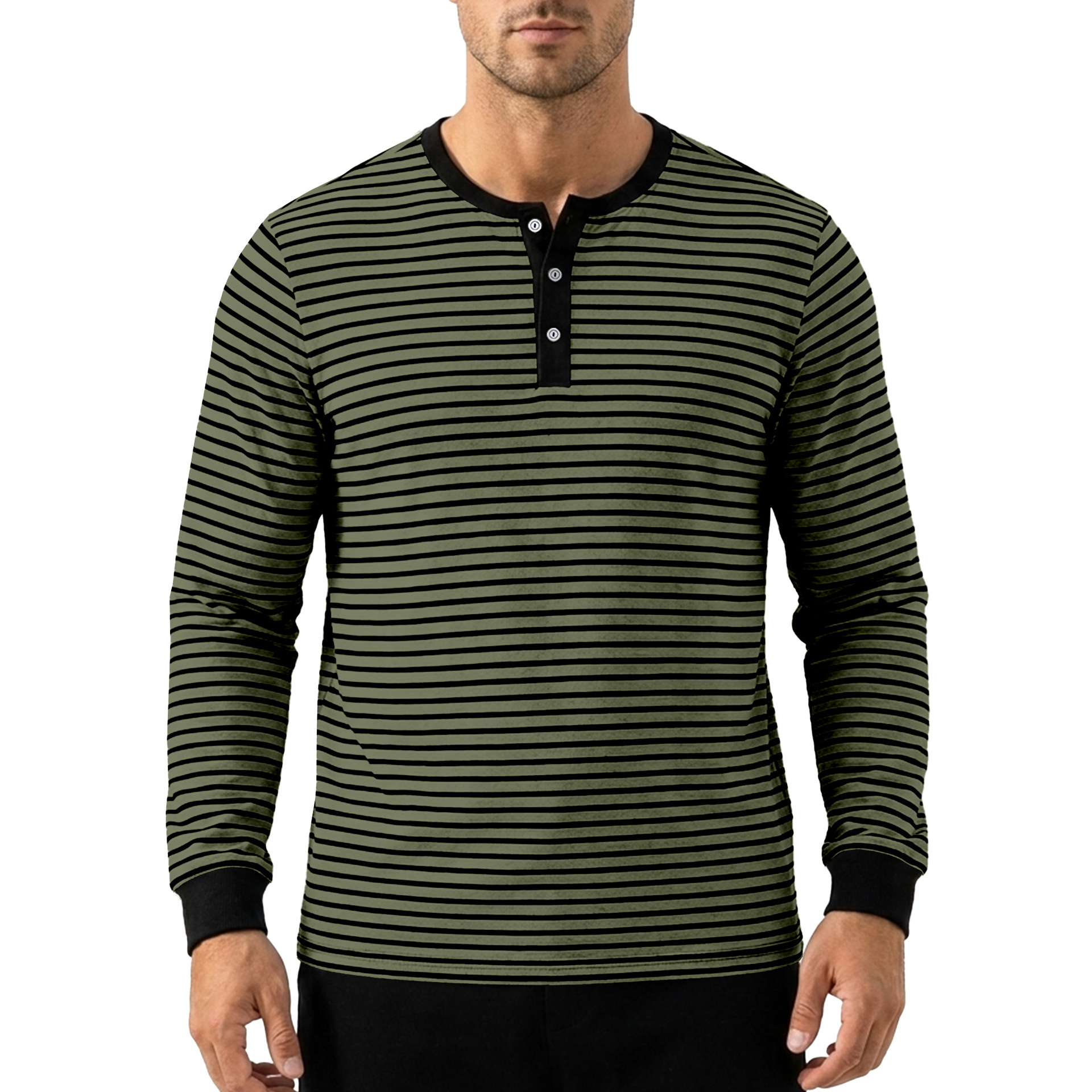 Clothes > Men's Clothing > Tops > Shirts  Men’s Long-Sleeved ‘Henry’-Style Striped T-Shirt, Retro Style, Minimalist Design, for Spring and Autumn