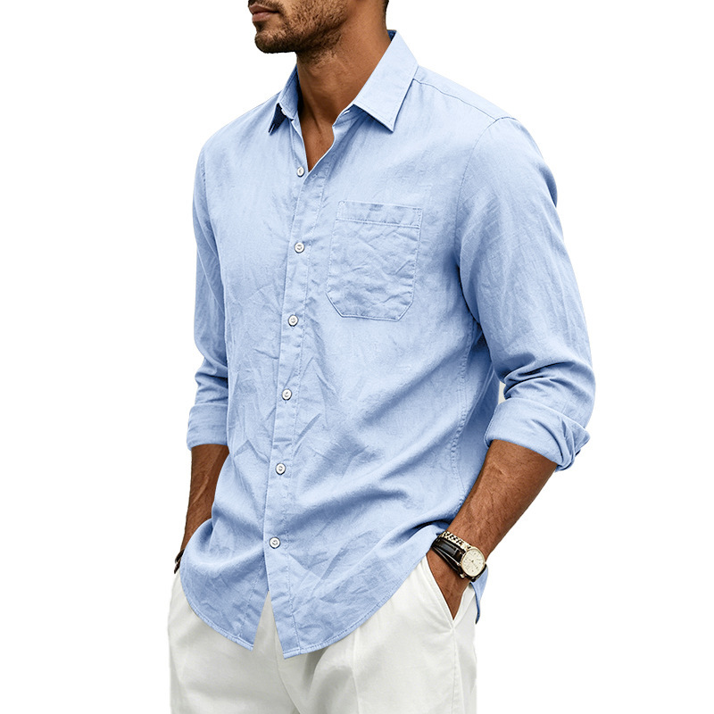 Clothes > Men's Clothing > Tops > Shirts  Loose-fitting linen shirt with a turned-down collar for men