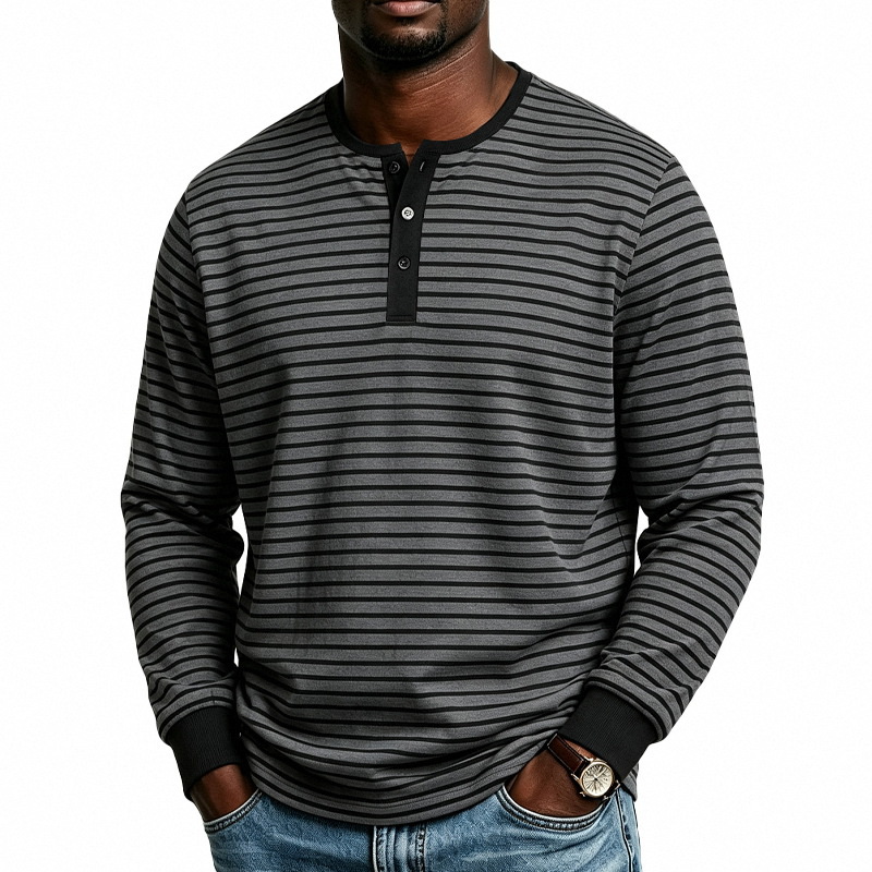 Clothes > Men's Clothing > Tops > Shirts  Men’s Sports and Casual Long-Sleeved T-Shirt with a Henley Neckline in a Retro Style, Featuring a Simple Striped Print, for Spring and Autumn