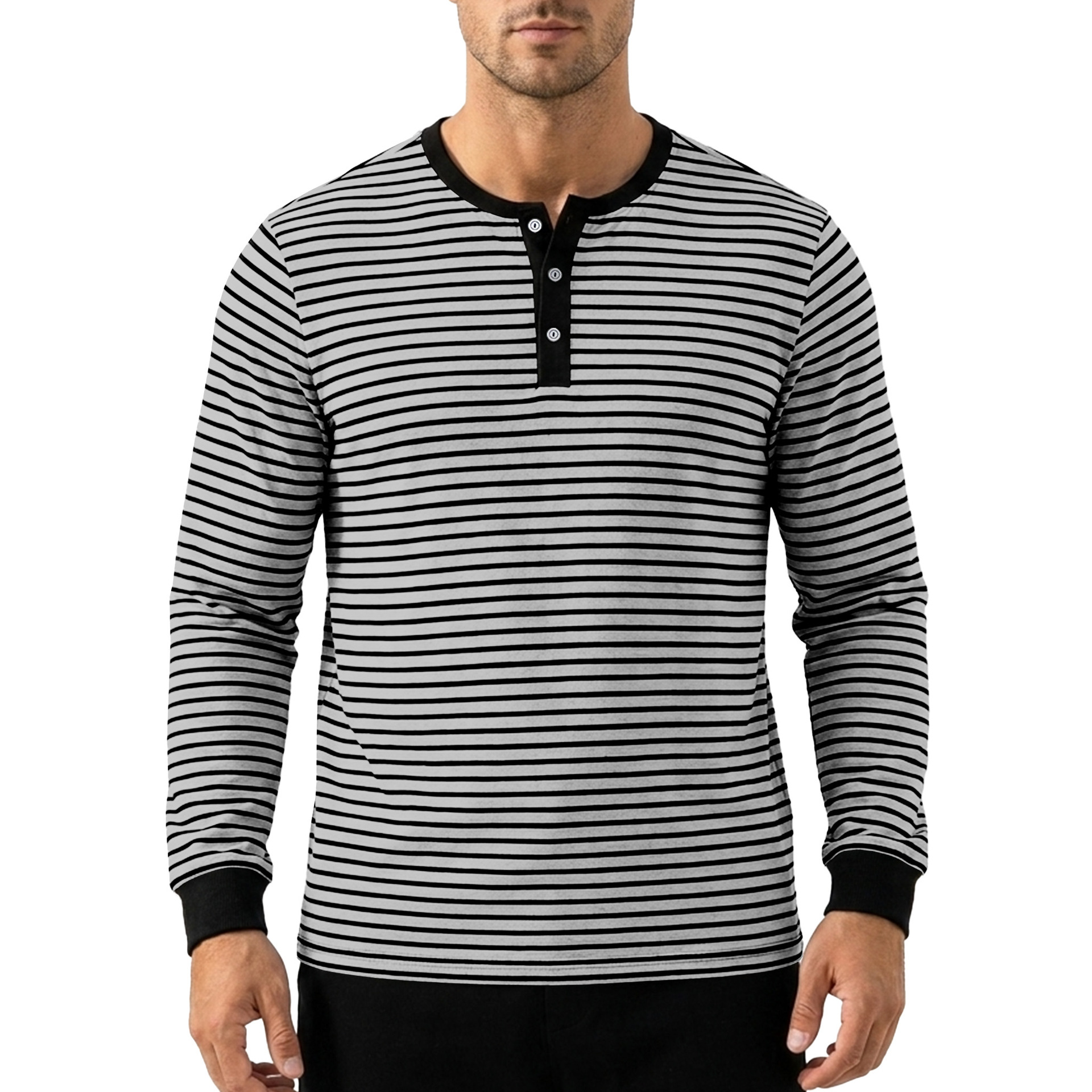 Clothes > Men's Clothing > Tops > Shirts  Men’s Long-Sleeved ‘Henry’-Style Striped T-Shirt, Retro Style, Minimalist Design, for Spring and Autumn