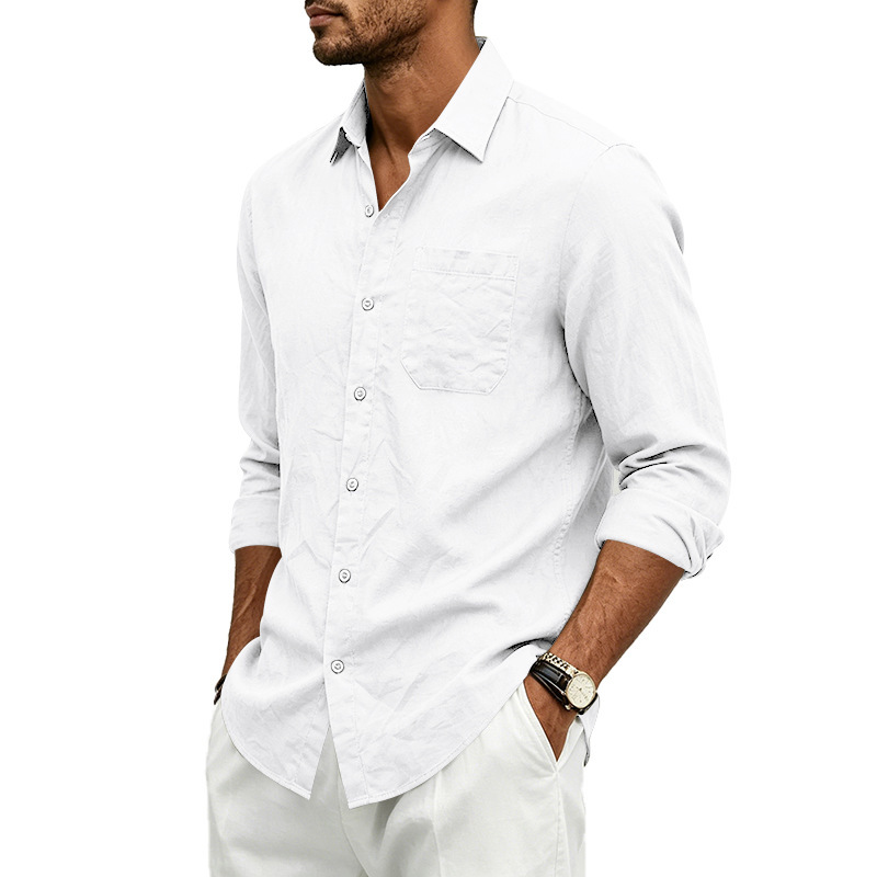 Clothes > Men's Clothing > Tops > Shirts  Loose-fitting linen shirt with a turned-down collar for men