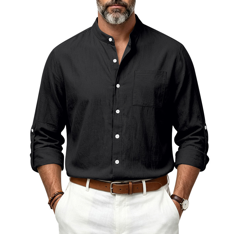 Clothes > Men's Clothing > Tops > Shirts  New Men’s Loose-Fit Autumn Linen Shirt with a Stand-up Collar and Long Sleeves — Stylish and Versatile