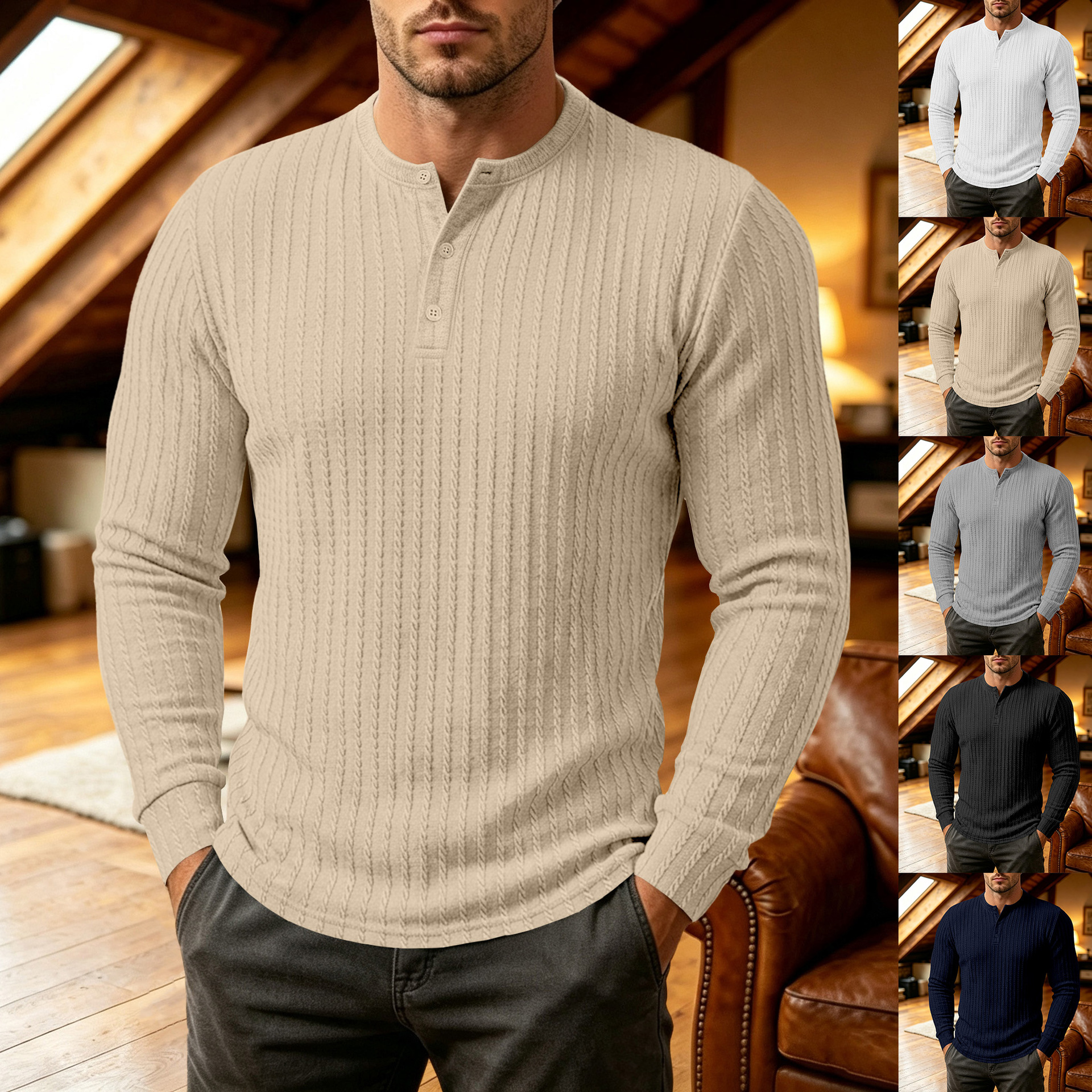 Clothes > Men's Clothing > Tops > Shirts  Men’s Loose-Fitting Long-Sleeved Knitted Shirt