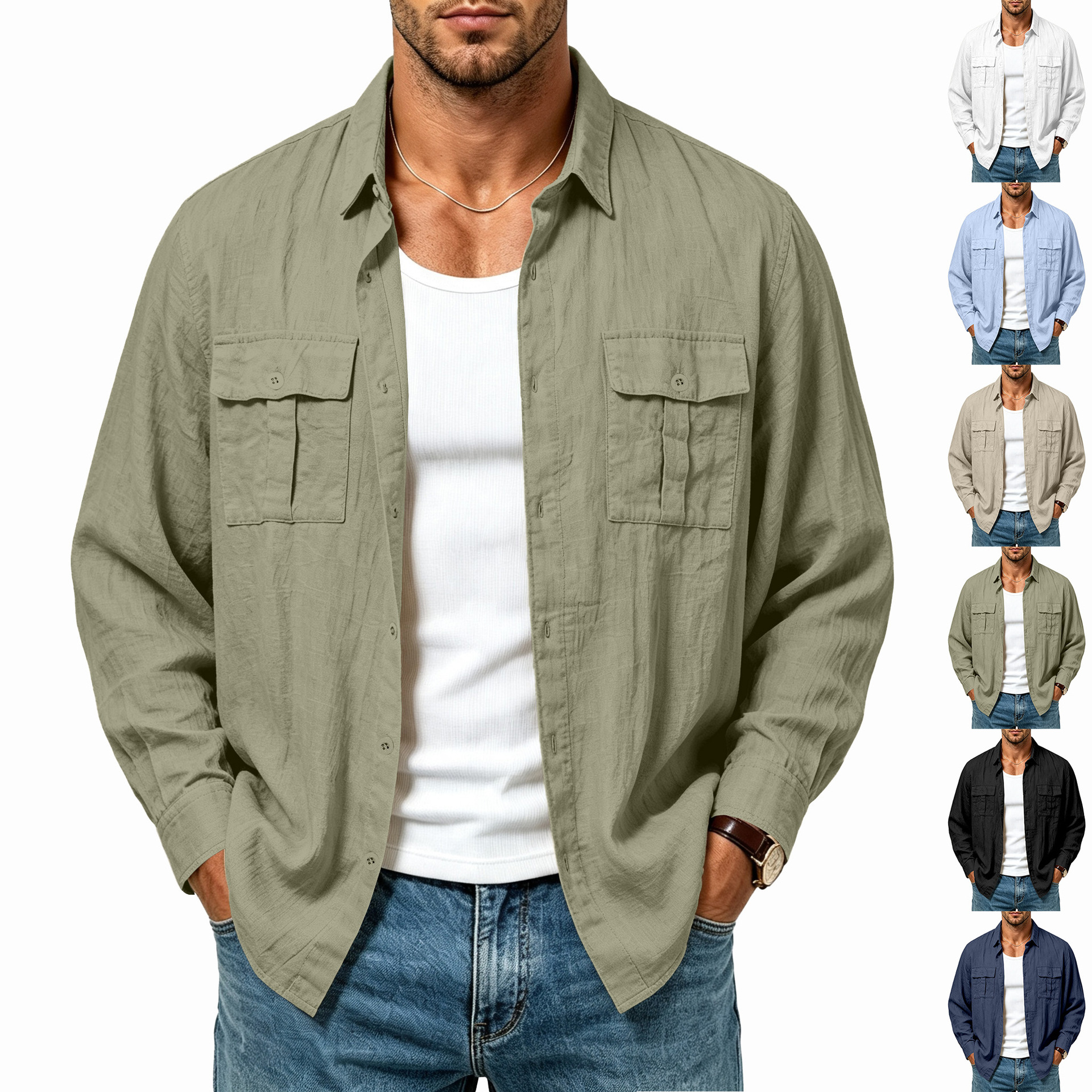 Clothes > Men's Clothing > Tops > Shirts Men’s Linen Jacket with Multiple Pockets, Fashionable Loose-Fit Resort Shirt with a Turn-Down Collar and Long Sleeves