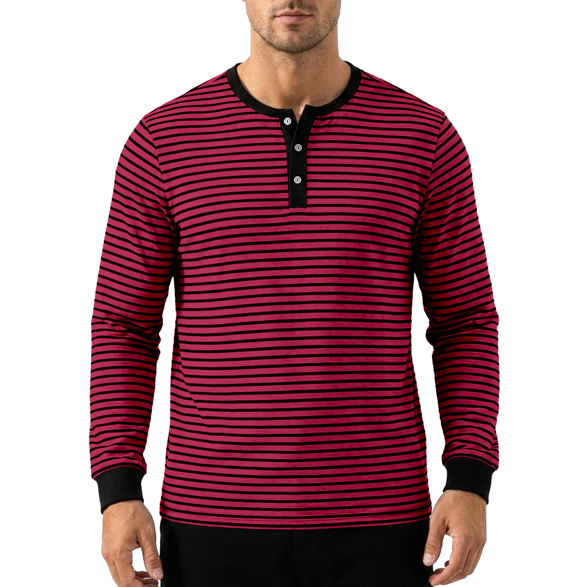 Clothes > Men's Clothing > Tops > Shirts  Men’s Long-Sleeved ‘Henry’-Style Striped T-Shirt, Retro Style, Minimalist Design, for Spring and Autumn