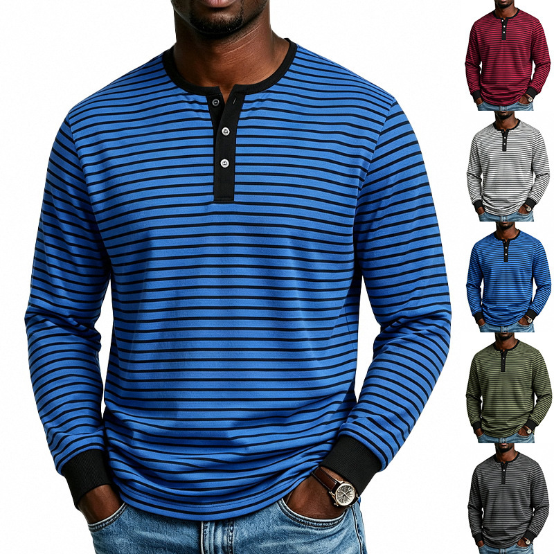 Clothes > Men's Clothing > Tops > Shirts  Men’s Sports and Casual Long-Sleeved T-Shirt with a Henley Neckline in a Retro Style, Featuring a Simple Striped Print, for Spring and Autumn