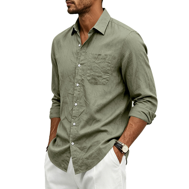 Clothes > Men's Clothing > Tops > Shirts  Loose-fitting linen shirt with a turned-down collar for men
