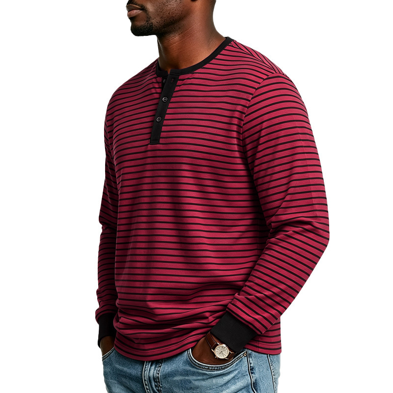 Clothes > Men's Clothing > Tops > Shirts  Men’s Sports and Casual Long-Sleeved T-Shirt with a Henley Neckline in a Retro Style, Featuring a Simple Striped Print, for Spring and Autumn