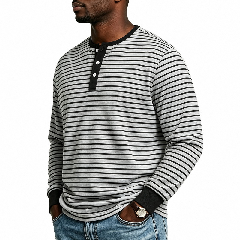 Clothes > Men's Clothing > Tops > Shirts  Men’s Sports and Casual Long-Sleeved T-Shirt with a Henley Neckline in a Retro Style, Featuring a Simple Striped Print, for Spring and Autumn