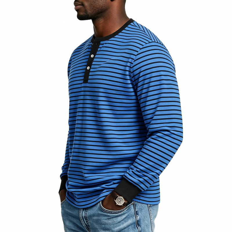 Clothes > Men's Clothing > Tops > Shirts  Men’s Sports and Casual Long-Sleeved T-Shirt with a Henley Neckline in a Retro Style, Featuring a Simple Striped Print, for Spring and Autumn