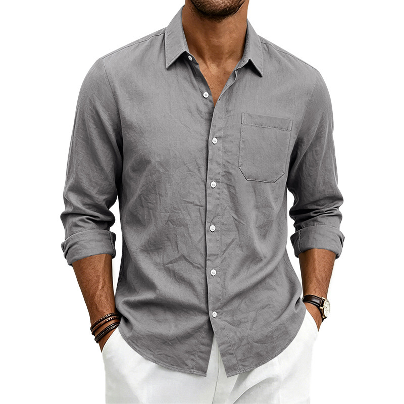Clothes > Men's Clothing > Tops > Shirts  Loose-fitting linen shirt with a turned-down collar for men