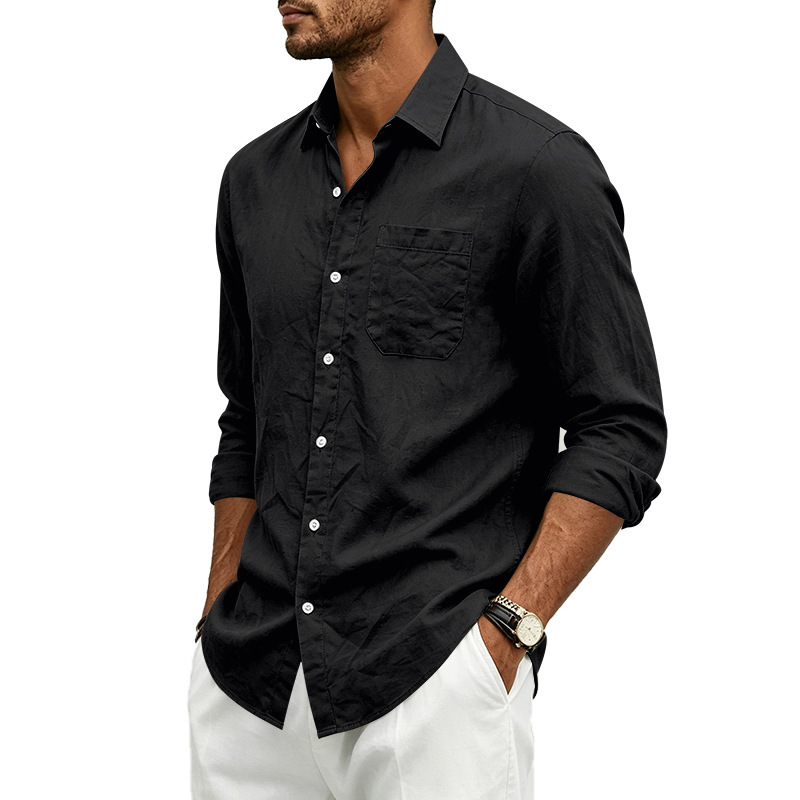 Clothes > Men's Clothing > Tops > Shirts  Loose-fitting linen shirt with a turned-down collar for men