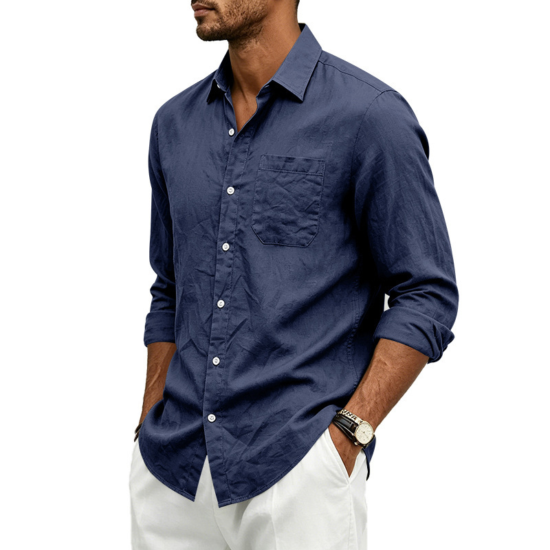 Clothes > Men's Clothing > Tops > Shirts  Loose-fitting linen shirt with a turned-down collar for men