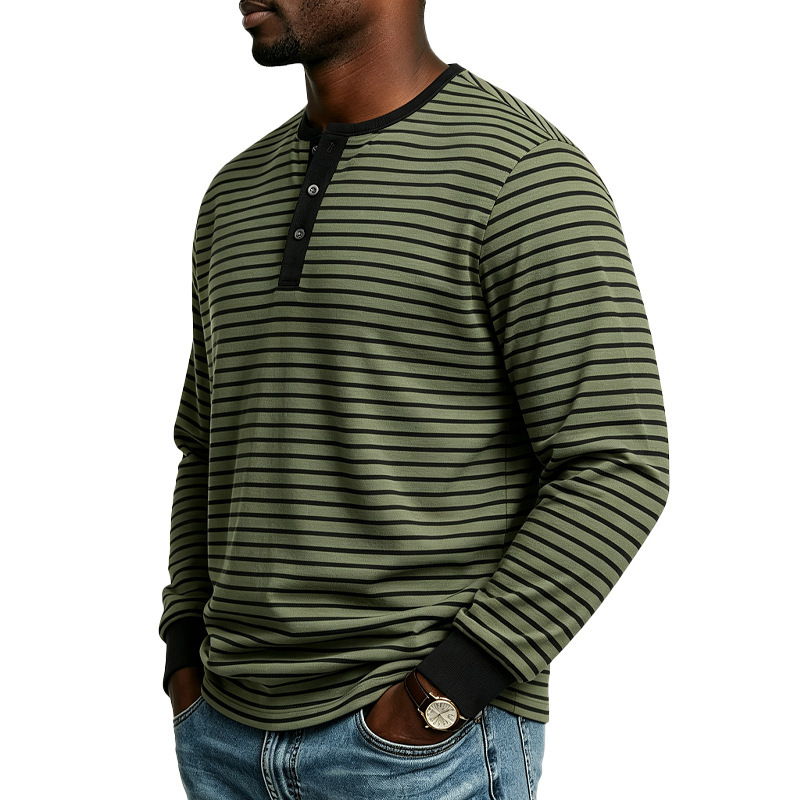 Clothes > Men's Clothing > Tops > Shirts  Men’s Sports and Casual Long-Sleeved T-Shirt with a Henley Neckline in a Retro Style, Featuring a Simple Striped Print, for Spring and Autumn