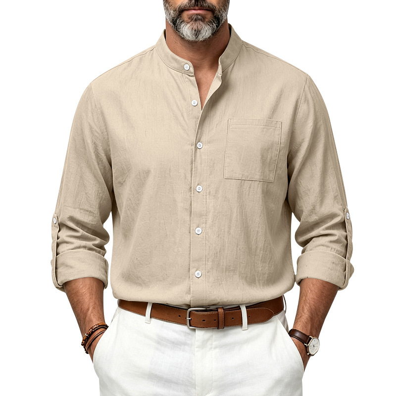 Clothes > Men's Clothing > Tops > Shirts  New Men’s Loose-Fit Autumn Linen Shirt with a Stand-up Collar and Long Sleeves — Stylish and Versatile