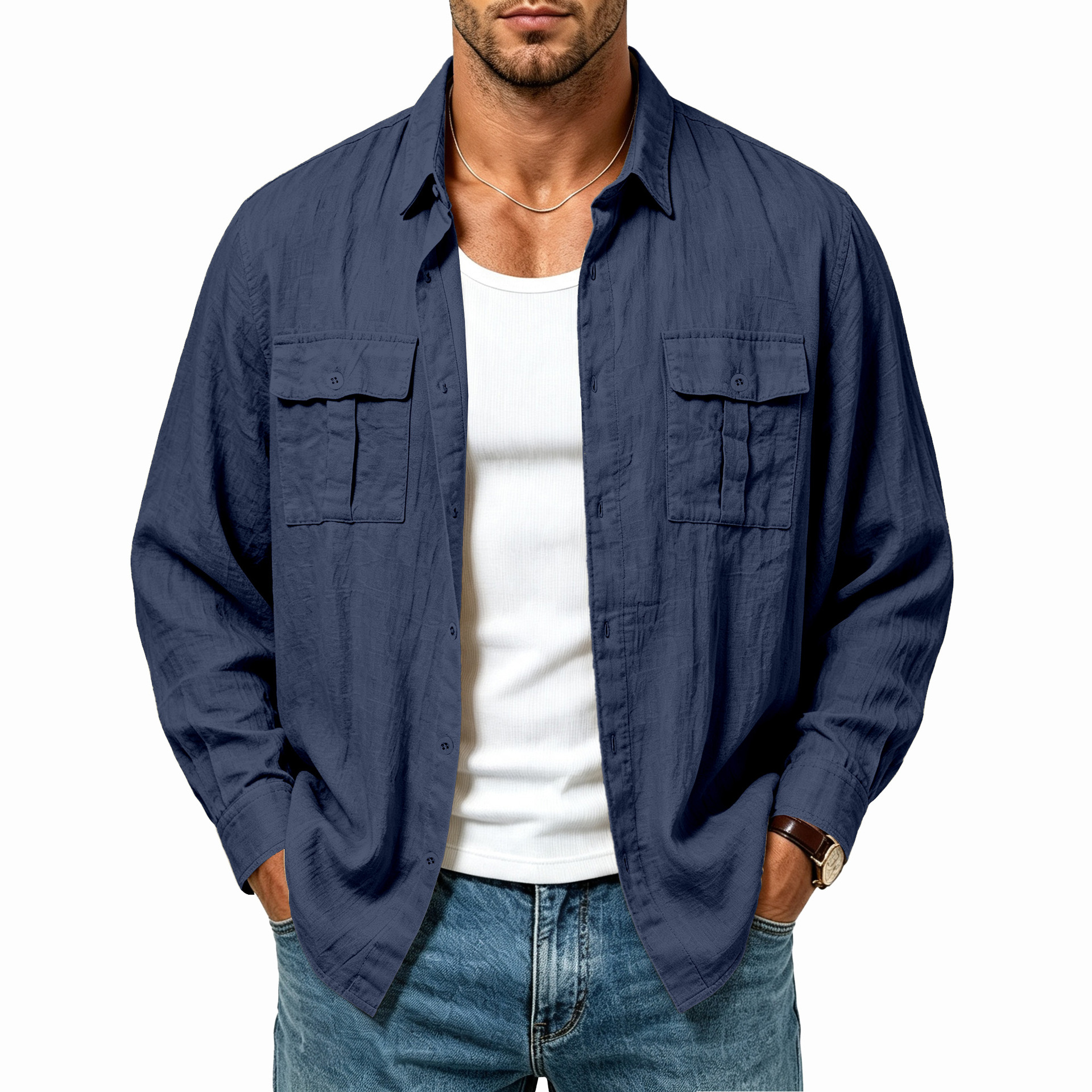 Clothes > Men's Clothing > Tops > Shirts Men’s Linen Jacket with Multiple Pockets, Fashionable Loose-Fit Resort Shirt with a Turn-Down Collar and Long Sleeves