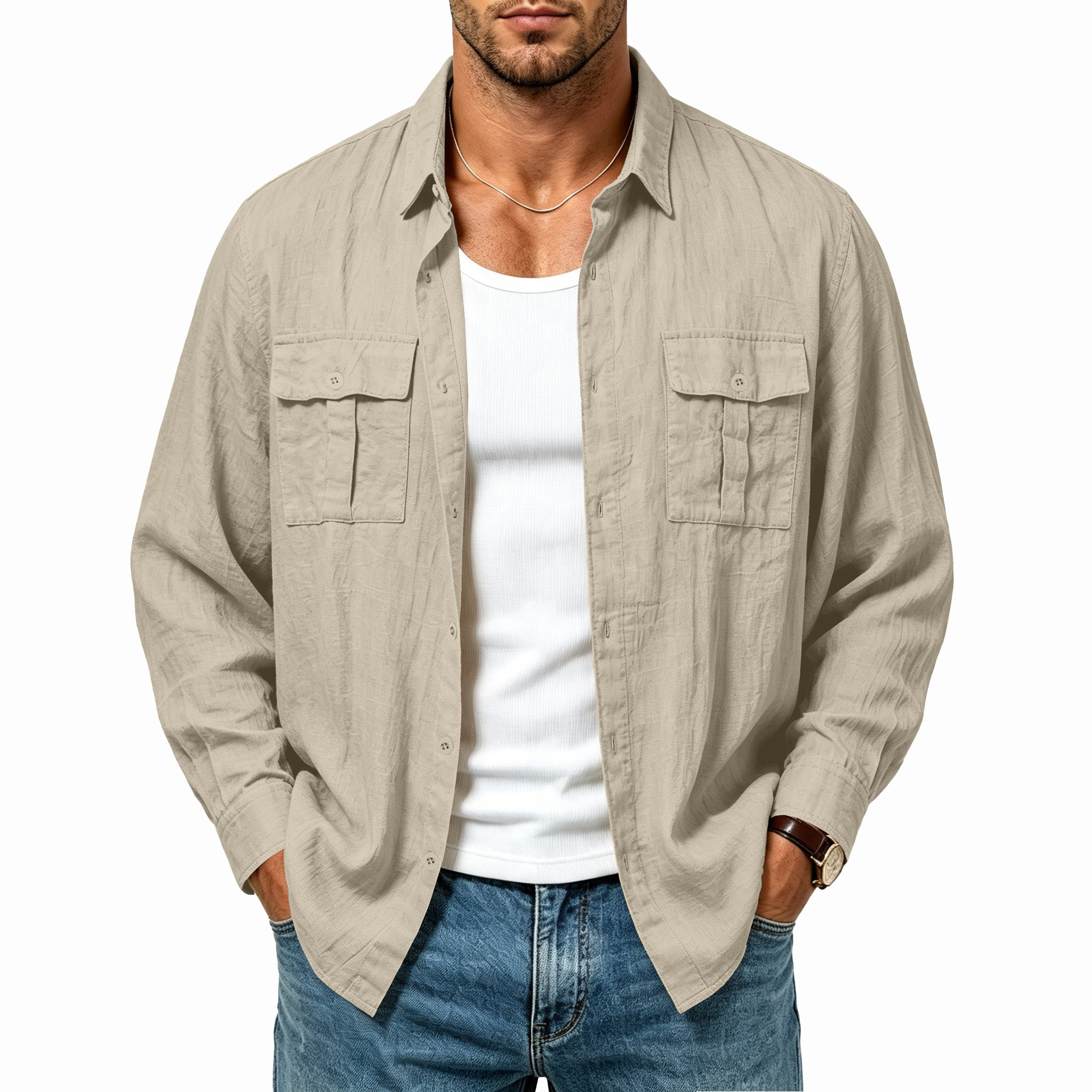 Clothes > Men's Clothing > Tops > Shirts Men’s Linen Jacket with Multiple Pockets, Fashionable Loose-Fit Resort Shirt with a Turn-Down Collar and Long Sleeves