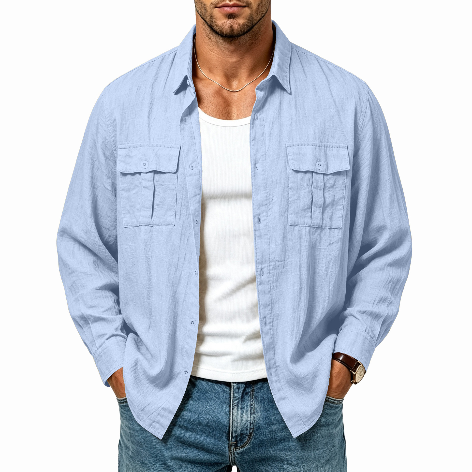 Clothes > Men's Clothing > Tops > Shirts Men’s Linen Jacket with Multiple Pockets, Fashionable Loose-Fit Resort Shirt with a Turn-Down Collar and Long Sleeves