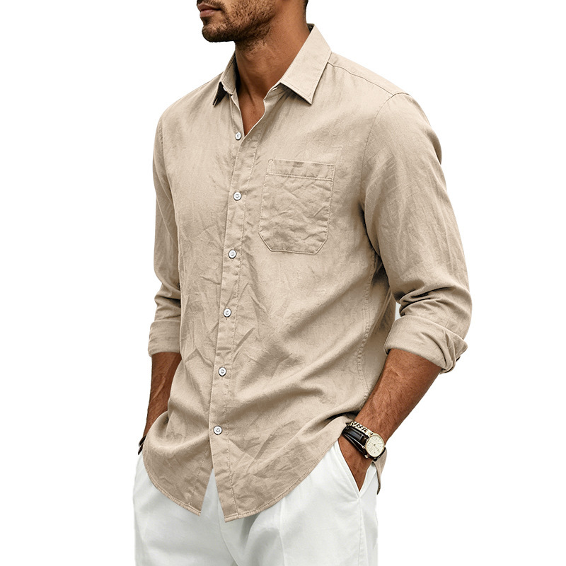 Clothes > Men's Clothing > Tops > Shirts  Loose-fitting linen shirt with a turned-down collar for men
