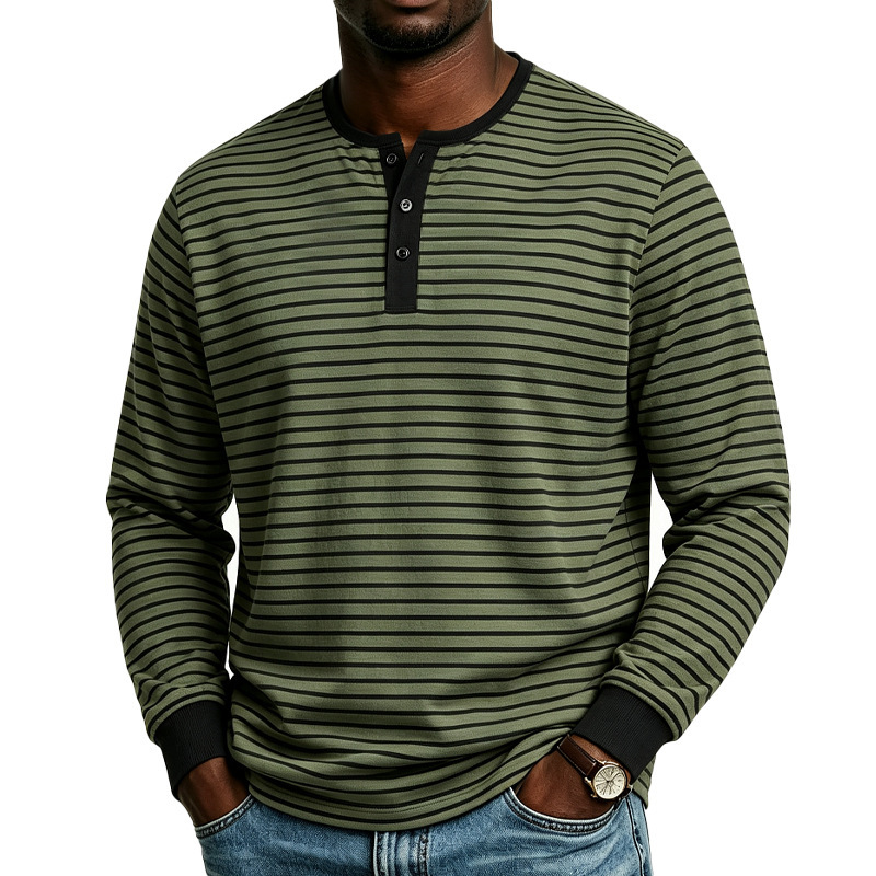Clothes > Men's Clothing > Tops > Shirts  Men’s Sports and Casual Long-Sleeved T-Shirt with a Henley Neckline in a Retro Style, Featuring a Simple Striped Print, for Spring and Autumn