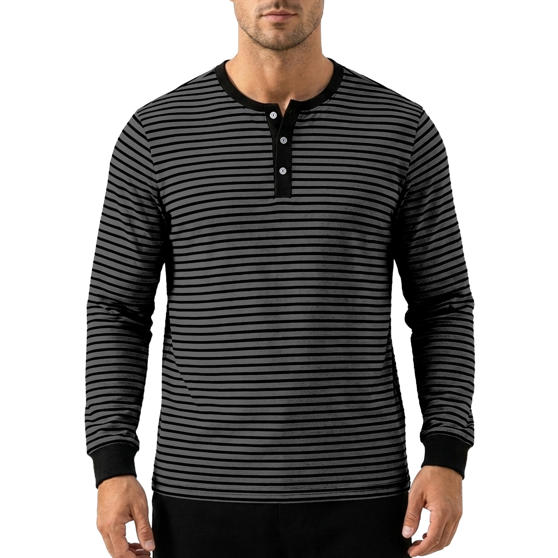 Clothes > Men's Clothing > Tops > Shirts  Men’s Long-Sleeved ‘Henry’-Style Striped T-Shirt, Retro Style, Minimalist Design, for Spring and Autumn