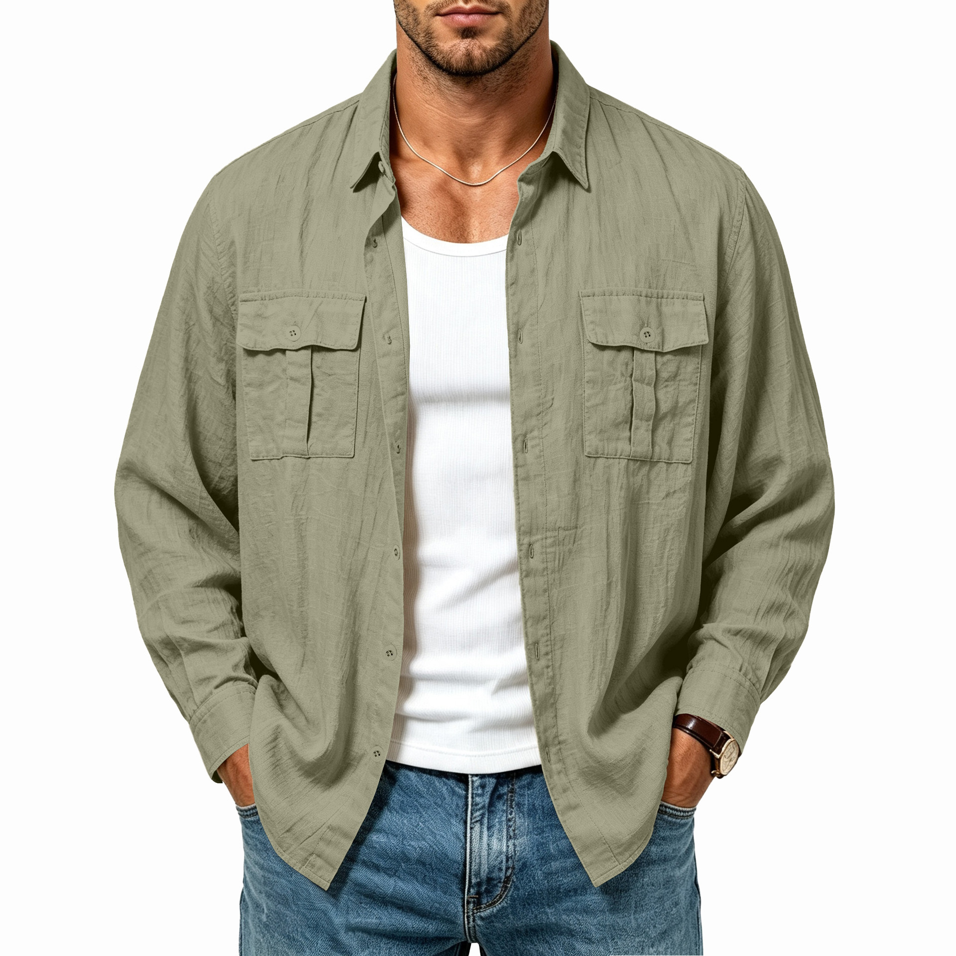 Clothes > Men's Clothing > Tops > Shirts Men’s Linen Jacket with Multiple Pockets, Fashionable Loose-Fit Resort Shirt with a Turn-Down Collar and Long Sleeves