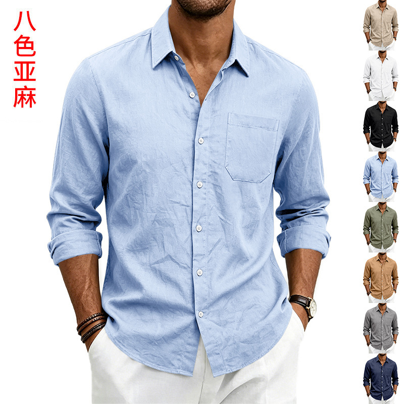 Clothes > Men's Clothing > Tops > Shirts  Loose-fitting linen shirt with a turned-down collar for men