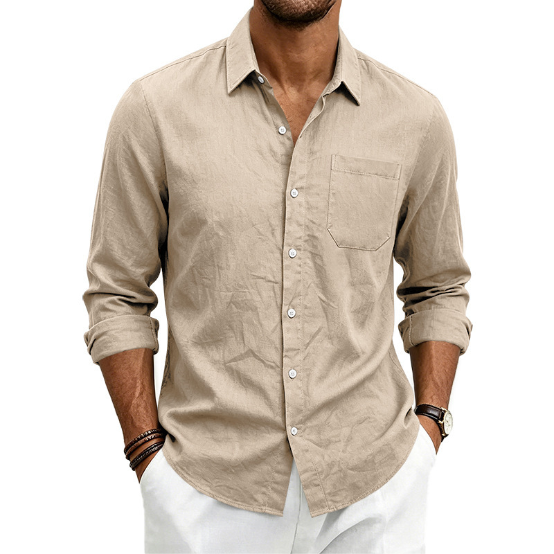 Clothes > Men's Clothing > Tops > Shirts  Loose-fitting linen shirt with a turned-down collar for men