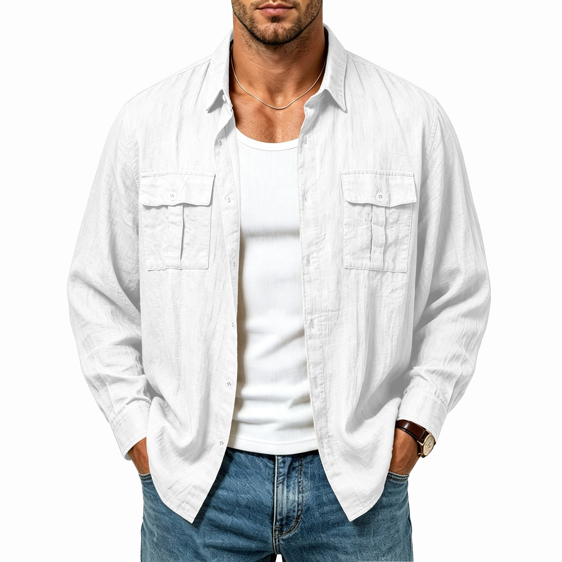 Clothes > Men's Clothing > Tops > Shirts Men’s Linen Jacket with Multiple Pockets, Fashionable Loose-Fit Resort Shirt with a Turn-Down Collar and Long Sleeves