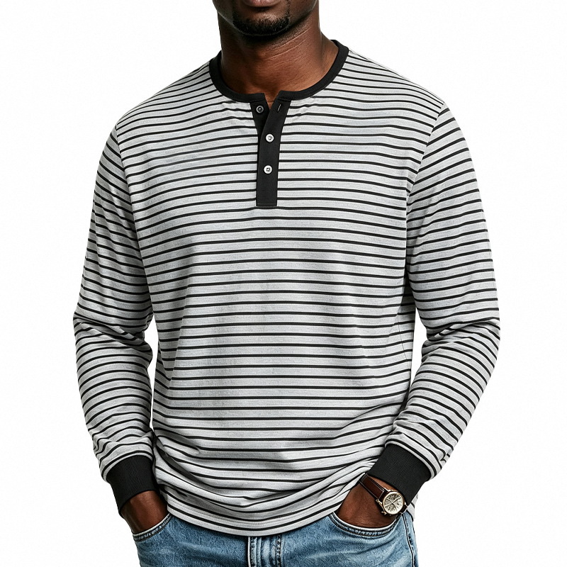 Clothes > Men's Clothing > Tops > Shirts  Men’s Sports and Casual Long-Sleeved T-Shirt with a Henley Neckline in a Retro Style, Featuring a Simple Striped Print, for Spring and Autumn