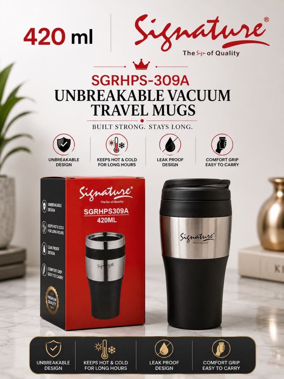 Signature SGRHPS-309A 420ml Unbreakable Vacuum Travel Coffee/Tea Mug or Tumbler